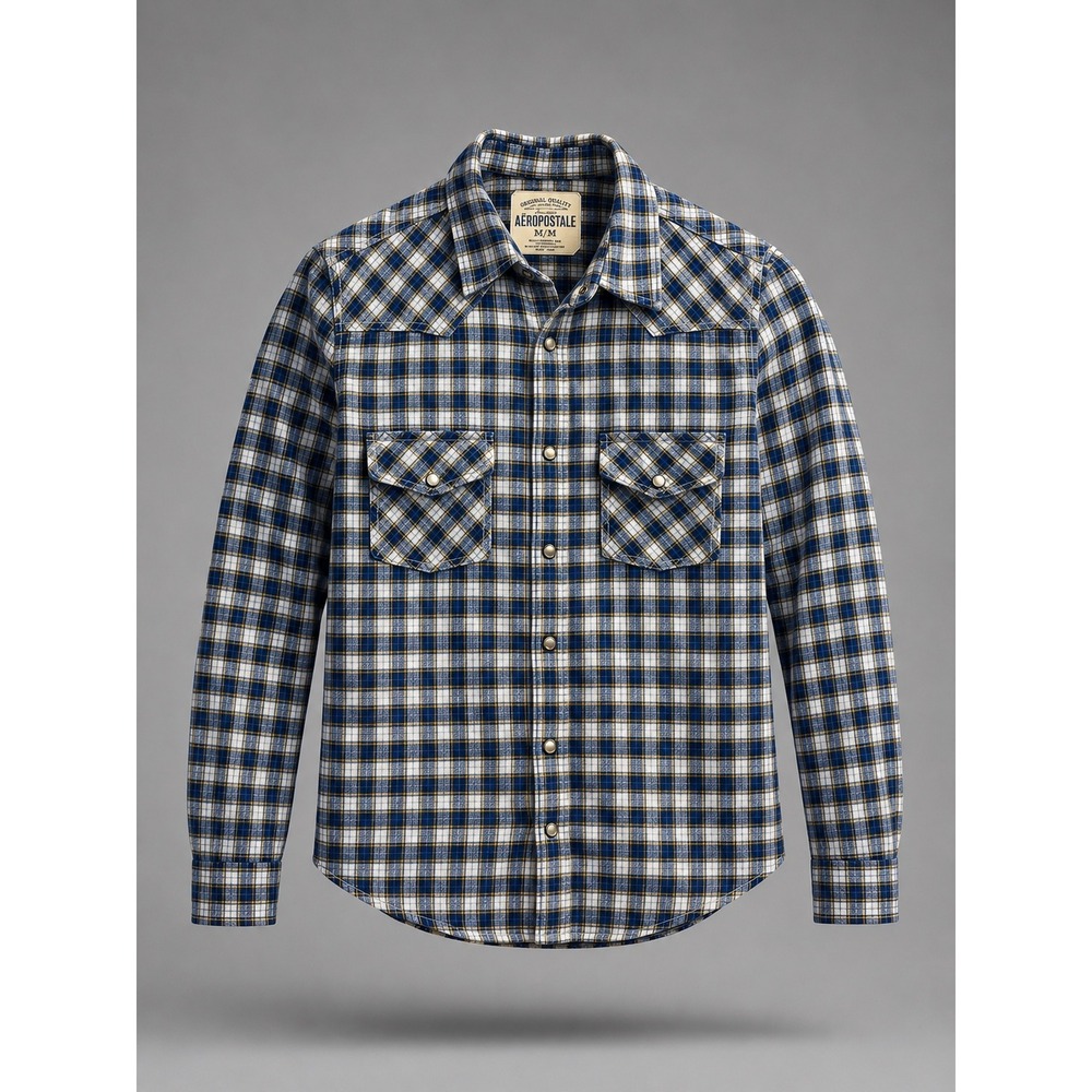 🍁Aeropostale Mens Blue Plaid Western Flannel Shirt Pearl Snap Cotton M‎ 9650AH1